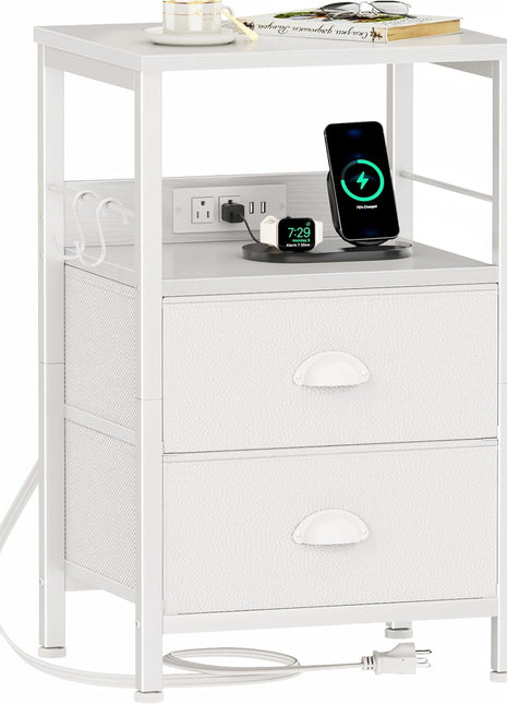End Table with Built-in Charging Station, Fabric Drawer Nightstand, USB Port and Outlet, Storage Shelf and Hook for Living Room and Bedroom, White