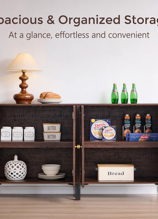 Modern Buffet Cabinet with Storage - 61.75" Fluted Arched Sideboard with Adjustable Shelves, Wooden Modular Coffee Bar for Dining Room, Kitchen, Living Room, and Entryway in Brown