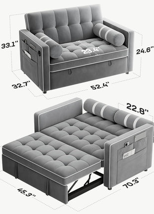 3-in-1 Convertible Futon Sleeper Sofa Bed with USB Charging, Side Pockets, and Adjustable Backrest - Elegant Grey Velvet Upholstery for Living Room and Apartment