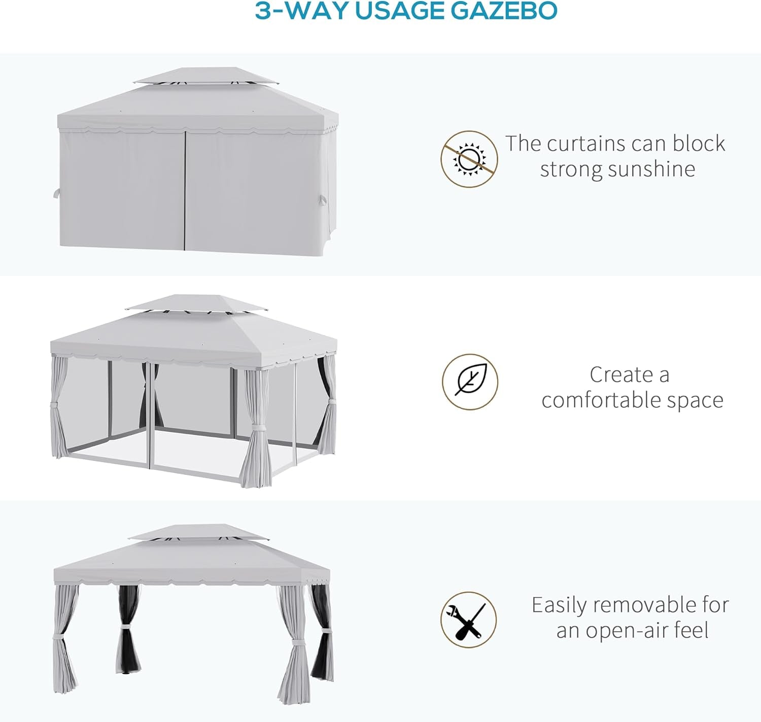 10' X 13' Patio Gazebo, Outdoor Gazebo Canopy Shelter with Netting and Curtains, Aluminum Frame for Garden, Lawn, Backyard and Deck, Light Gray