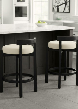 Set of 4 Mid-Century Modern Linen Counter Stools with Upholstered 26.5” Seat Height, Black Wood Legs, and Round Low Back, Perfect for Dining Rooms and Restaurants, Beige