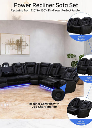 Elegant Power Recliner Sofa Set for Living Room and Home Theater, Leather Sectional with LED Lighting, Cup Holders, and Storage Console in Black