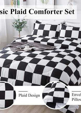 Twin Checkered Comforter Set (66x90 Inches) - Black and White Plaid Gingham Bedding for Teens and Kids, Lightweight Polyester Geometric Design, 2 Pieces