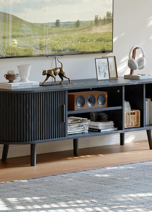 Mid-Century Modern TV Console for TVs up to 60 Inches, Entertainment Center with Fluted Sliding Doors, Concealed Storage, and Adjustable Shelving for Living Room and Bedroom, Black