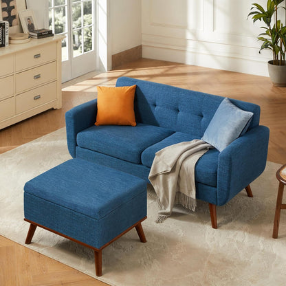 65" W Loveseat Sofa with Ottoman Coffee Table, Mid Century Modern Love Seat Couches for Living Room, Button Tufted Upholstered Small Couch for Bedroom,Easy to Install Love Seats Furniture, Blue | Linen Fabric, Button Tufted, Solid Wood Foot, Pocket Spring, Wood Slats Frame