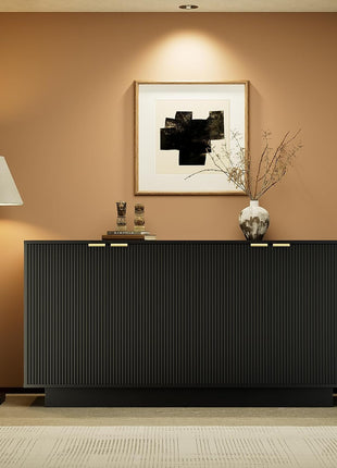 63-Inch Modern Fluted Sideboard Buffet Cabinet with Adjustable Shelves, Console Table Wine Bar Accent Credenza Featuring 4 Doors for Dining Room, Living Room, and Hallway (Black)