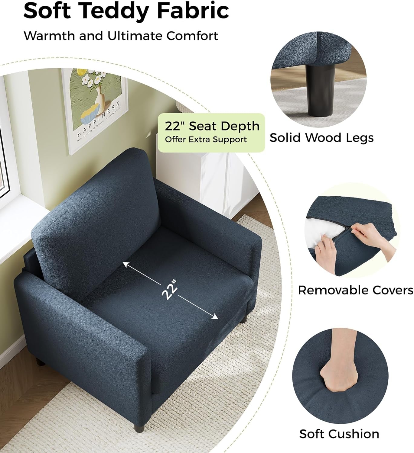 Sofa Accent Chair, 33" Reading Chair for Bedroom, Tool-Free Setup Living Room Accent Chairs, Comfy Arm Chairs Living Room, All-Wood Reading Nook, Blue Grey