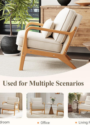 Set of 2 Mid-Century Accent Chairs with Solid Wood Frame, Lumbar Pillow, and Soft Cushion for Living Room, Bedroom, or Waiting Area - Beige