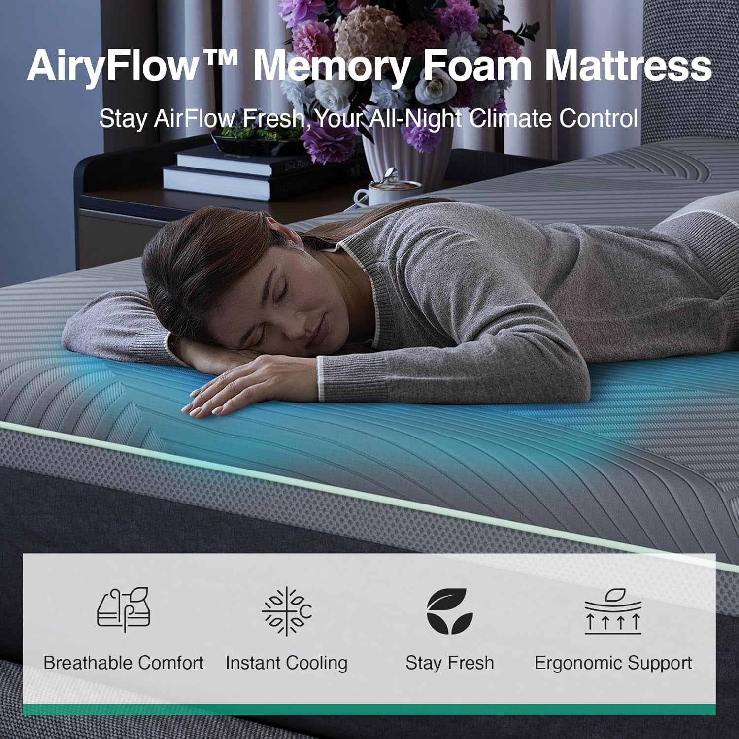 Airyflow King Size Mattress 14 Inch, Gel Memory Foam Mattress King for Cool Night & Spinal Alignment, Pressure Relief & Motion Isolation, Green Tea-Infused, Certipur-Us Certified, Medium Firm