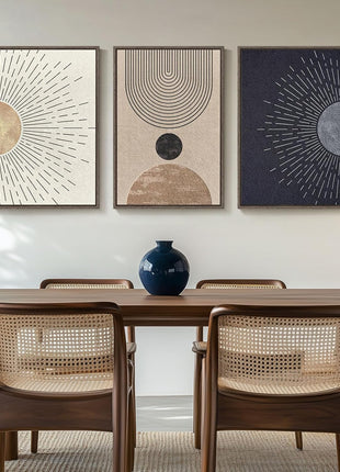 Framed Large Bohemian Neutral Abstract Wall Art Set - Black and Beige Sun and Moon Canvas Prints for Living Room, Hallway, and Office - 3-Piece Modern Minimalist Artwork (24x36 Inches)