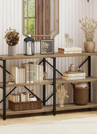 55-Inch Vintage Oak Industrial Console Table - 3-Tier Hallway Table for Entryway and Living Room