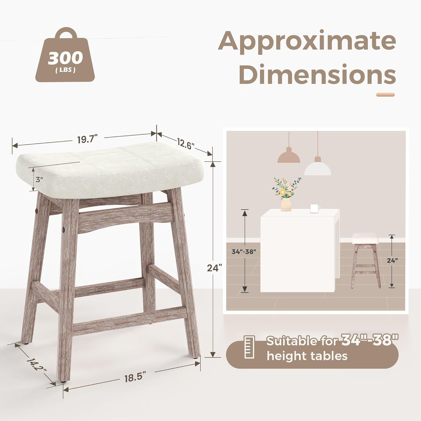 Counter Height Bar Stools Set of 2 for Kitchen Counter Solid Wood Legs with Fabric Saddle Seat Farmhouse Barstools for 34"-38" Counter Island Upholstered Stools, 24In, Creamy White