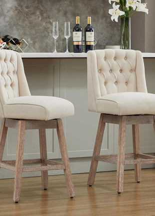 Set of 2 Contemporary 26" Swivel Bar Stools with Backrest, Linen Upholstered Counter Height Seating with Wooden Legs for Kitchen Island and Dining Area
