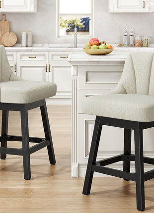 Set of 2 Modern Fabric Upholstered Swivel Bar Stools, 26" Counter Height Chairs with Back and Solid Wood Legs for Home Bar and Dining Room, Linen