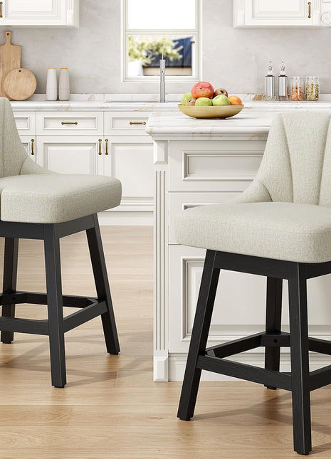 Set of 2 Modern Fabric Upholstered Swivel Bar Stools, 26" Counter Height Chairs with Back and Solid Wood Legs for Home Bar and Dining Room, Linen