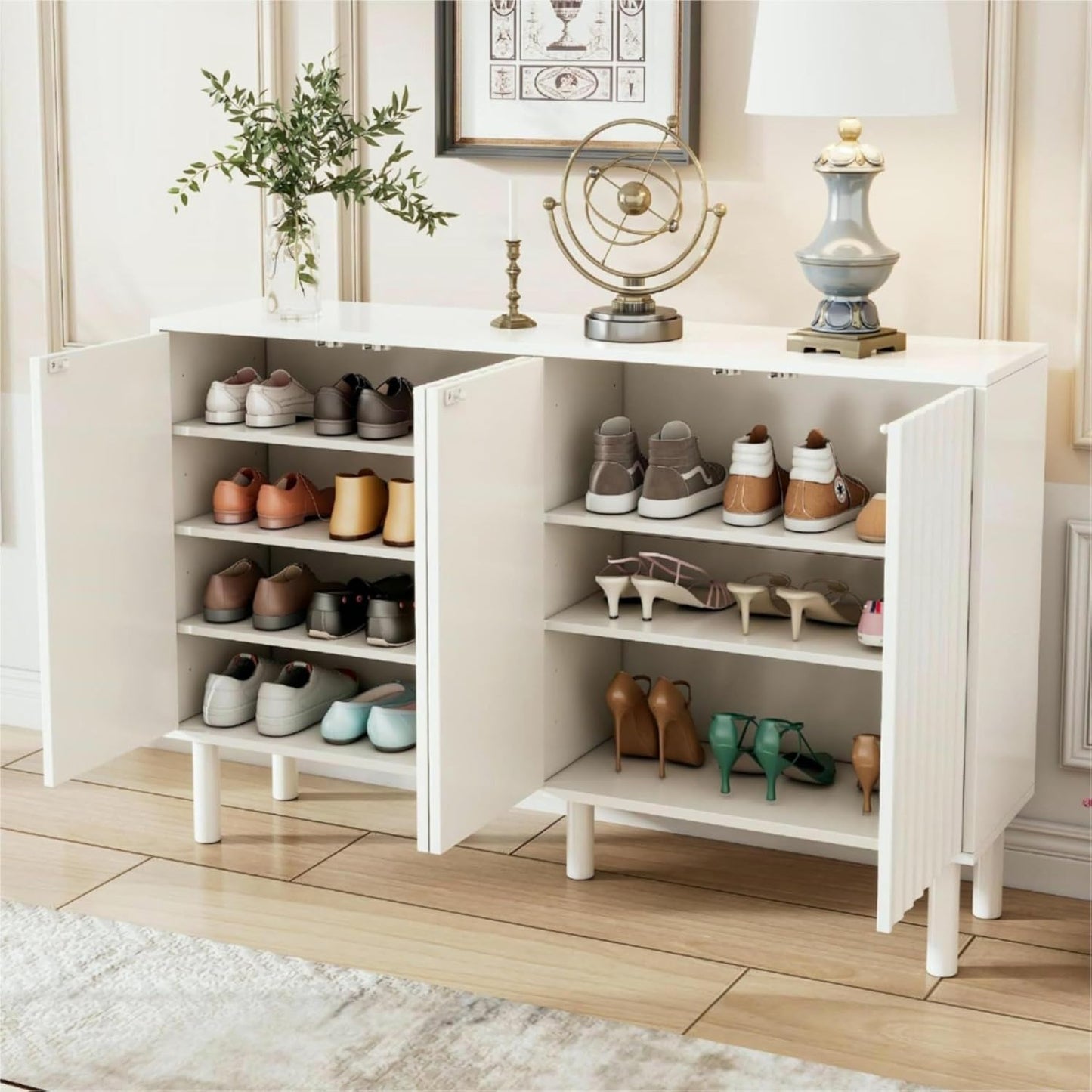 55” Shoe Cabinet Storage for Entryway with 4-Door, Freestanding Sideboard Buffet Hidden Table Organizer for Dinning Kitchen Living Room, Solid Wood Legs, Adjustable Shelves