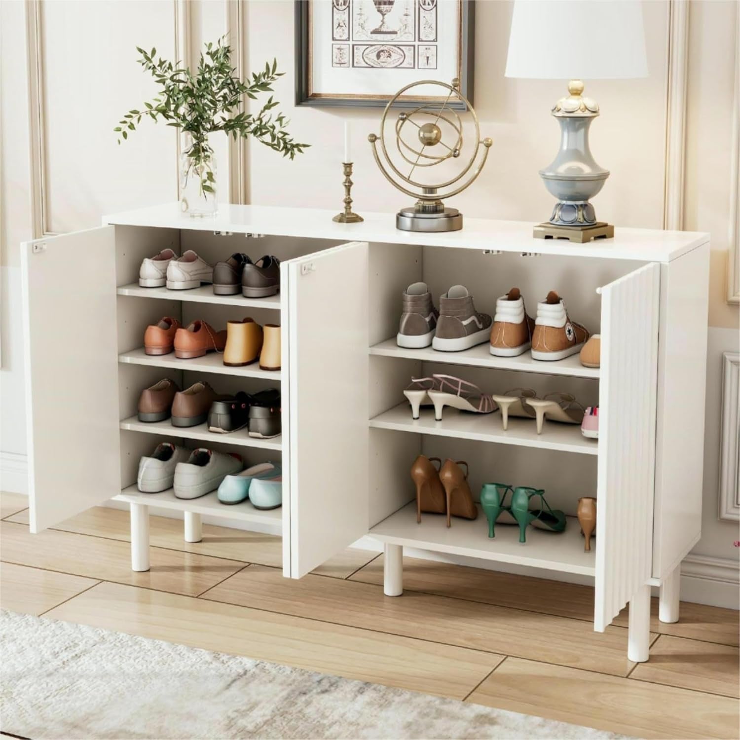 55” Shoe Cabinet Storage for Entryway with 4-Door, Freestanding Sideboard Buffet Hidden Table Organizer for Dinning Kitchen Living Room, Solid Wood Legs, Adjustable Shelves