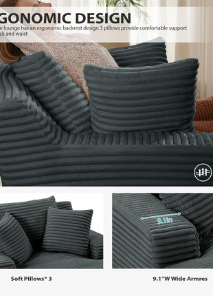Oversized 50-Inch Chaise Lounge Chair - Luxurious Corduroy Sleeper Sofa with Deep Seat for Maximum Comfort - Available in Dark Grey