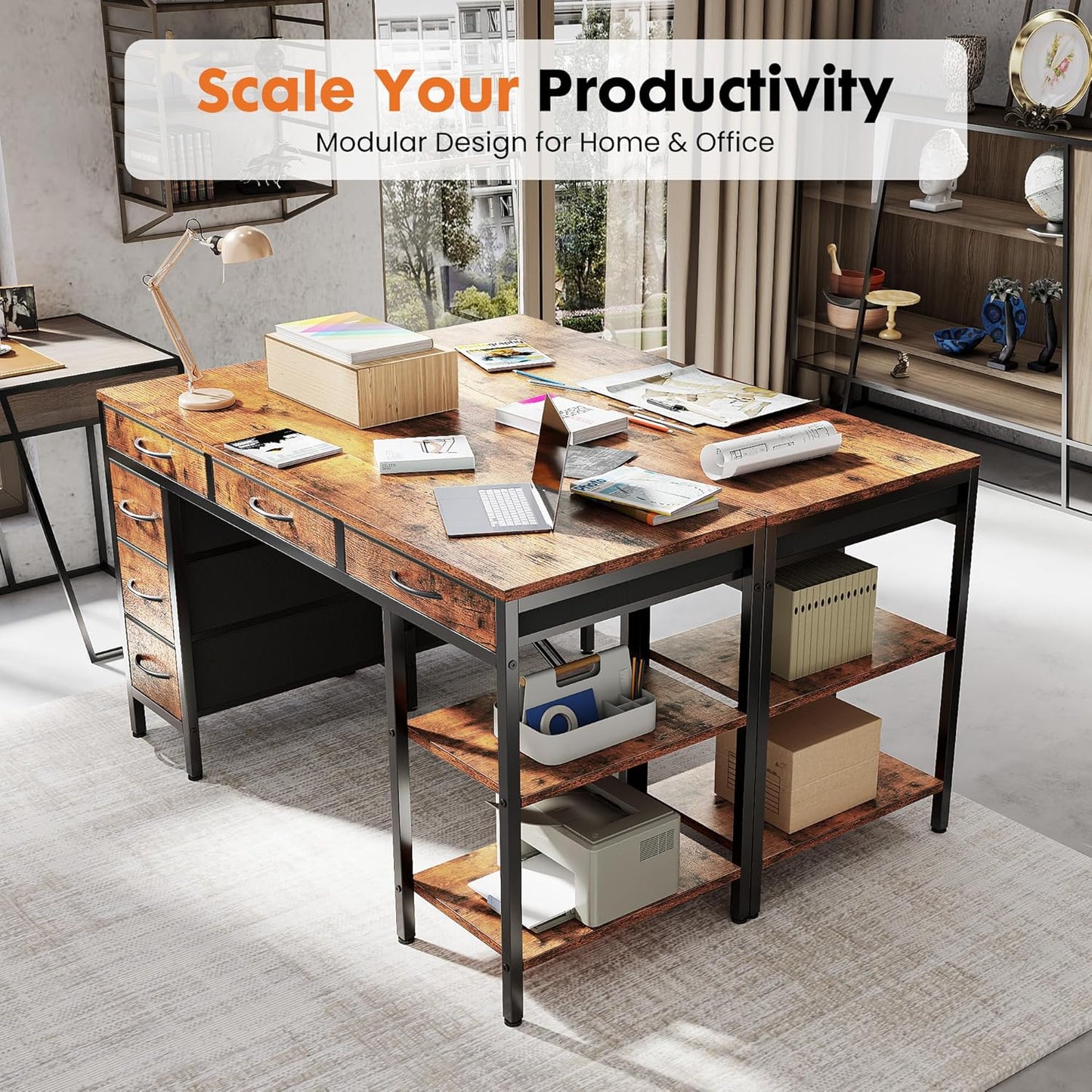 55" Computer Desk with 6 Drawers, Home Office Gaming Desks with Storage Shelves for Bedroom, Writing Study Corner Living Room Work Table Rustic Brown