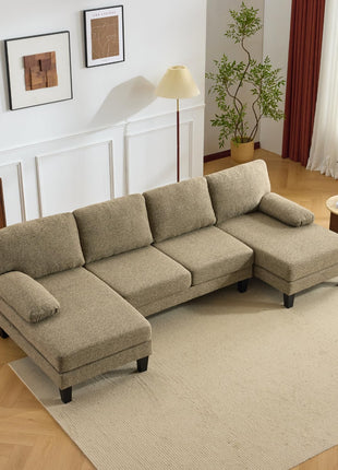 110” U-Shape Sectional Sofa Set with Chenille Upholstery, 4 Seats, Double Chaises, and Wood Grain Legs in Khaki for Living Room and Apartment