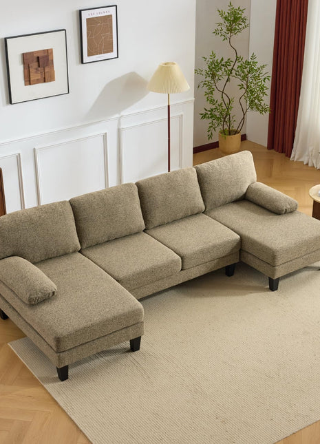 110” U-Shape Sectional Sofa Set with Chenille Upholstery, 4 Seats, Double Chaises, and Wood Grain Legs in Khaki for Living Room and Apartment