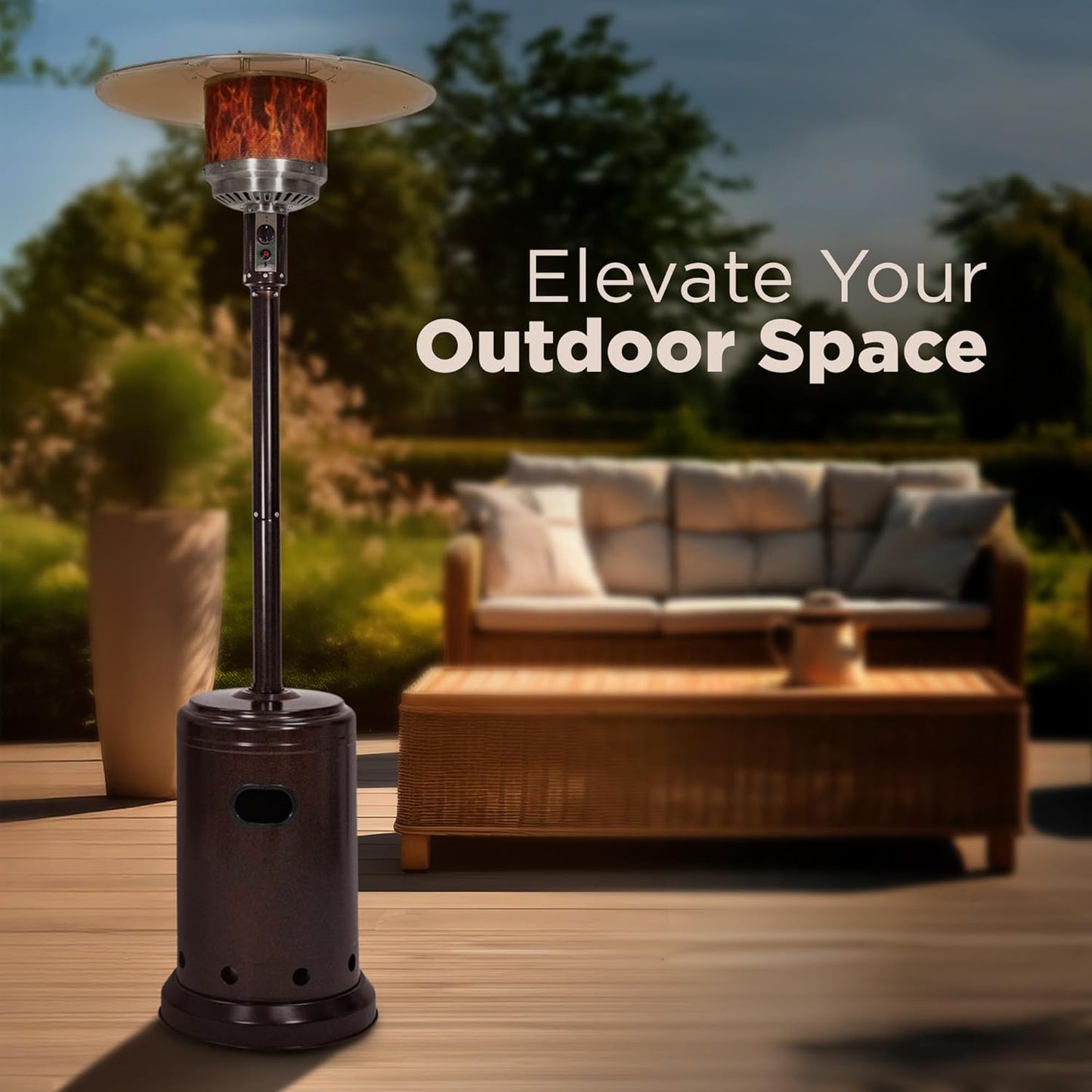 46,000 BTU Outdoor Propane Patio Heater with Wheels, Commercial & Residential, Havana Bronze, with Water Tank, 32.1 X 32.1 X 91.3 Inches (Lxwxh)