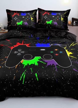 Twin Size Gamer Bedding Set - Gamepad Duvet Cover with 2 Pillowcases, Black 3-Piece Bedroom Decor for Boys