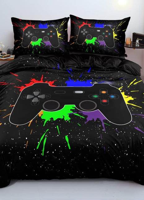Twin Size Gamer Bedding Set - Gamepad Duvet Cover with 2 Pillowcases, Black 3-Piece Bedroom Decor for Boys