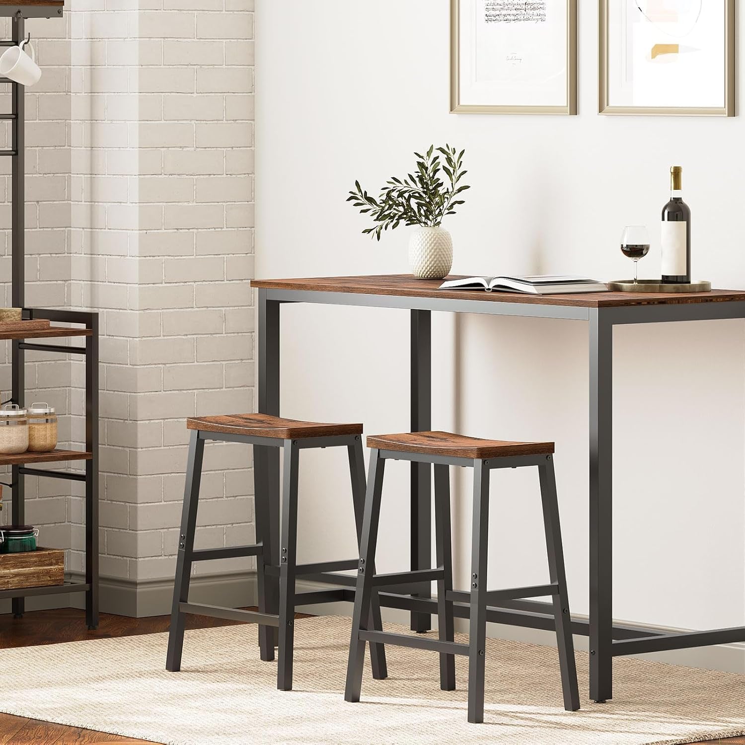 Bar Stools, Set of 2 Bar Chairs, 23.6 Inch Saddle Stools, Kitchen Counter Seat with Footrests, Industrial Barstools for Dining Room, Kitchen, Counter, Rustic Brown and Black BF02MD01