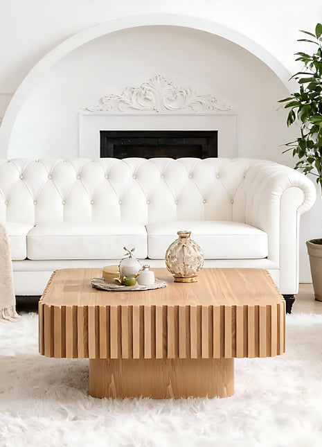 Handcrafted Square Wood Coffee Table with Fluted Design, Modern Center Table for Living Room, Perfect for Compact Spaces, Easy Assembly, 35.43" Ash Finish