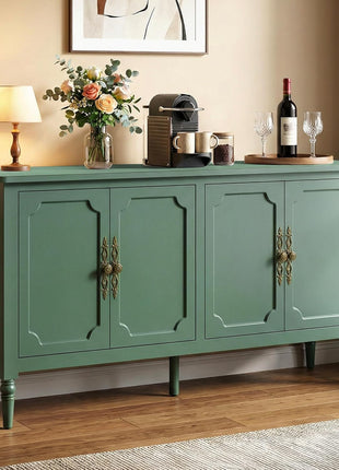 59-Inch Vintage Buffet Cabinet with Adjustable Shelves and Carved Handle, Mid-Century Modern Forest Green Sideboard for Kitchen and Dining Room