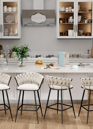 Set of 4 Contemporary 30-Inch Upholstered Bar Stools with Woven Backrest and Footrest for Kitchen and Dining Areas (Ivy)