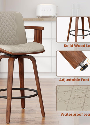 26-Inch Swivel Counter Height Bar Stools with Wooden Legs and Backs, Upholstered PU Leather Bentwood Frame Chairs with Armrests for Kitchen Islands and Dining Rooms in Greige