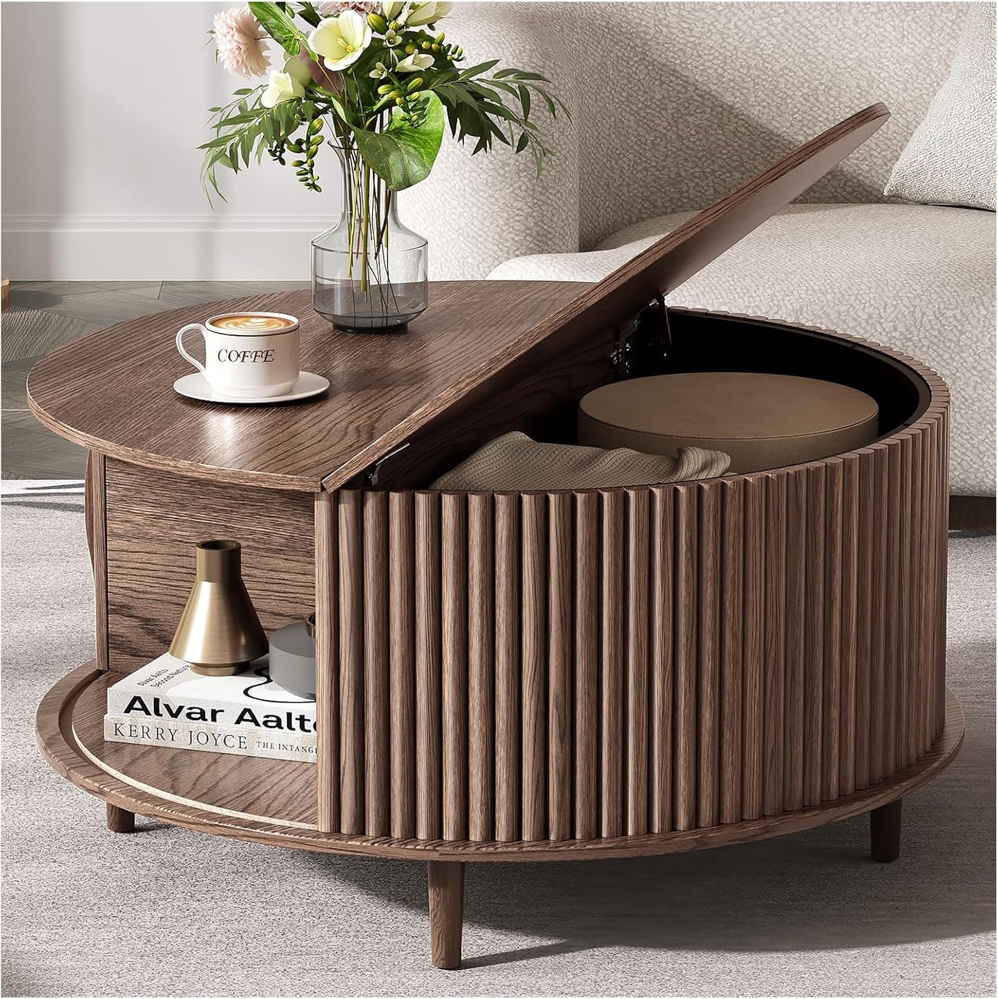 Round Coffee Table with Storage, 31.5" Fluted Center Table for Living Room, Modern Walnut Wood Circle Drum Table with Sliding Cabinet Door, Mid Century Furniture for Small Space