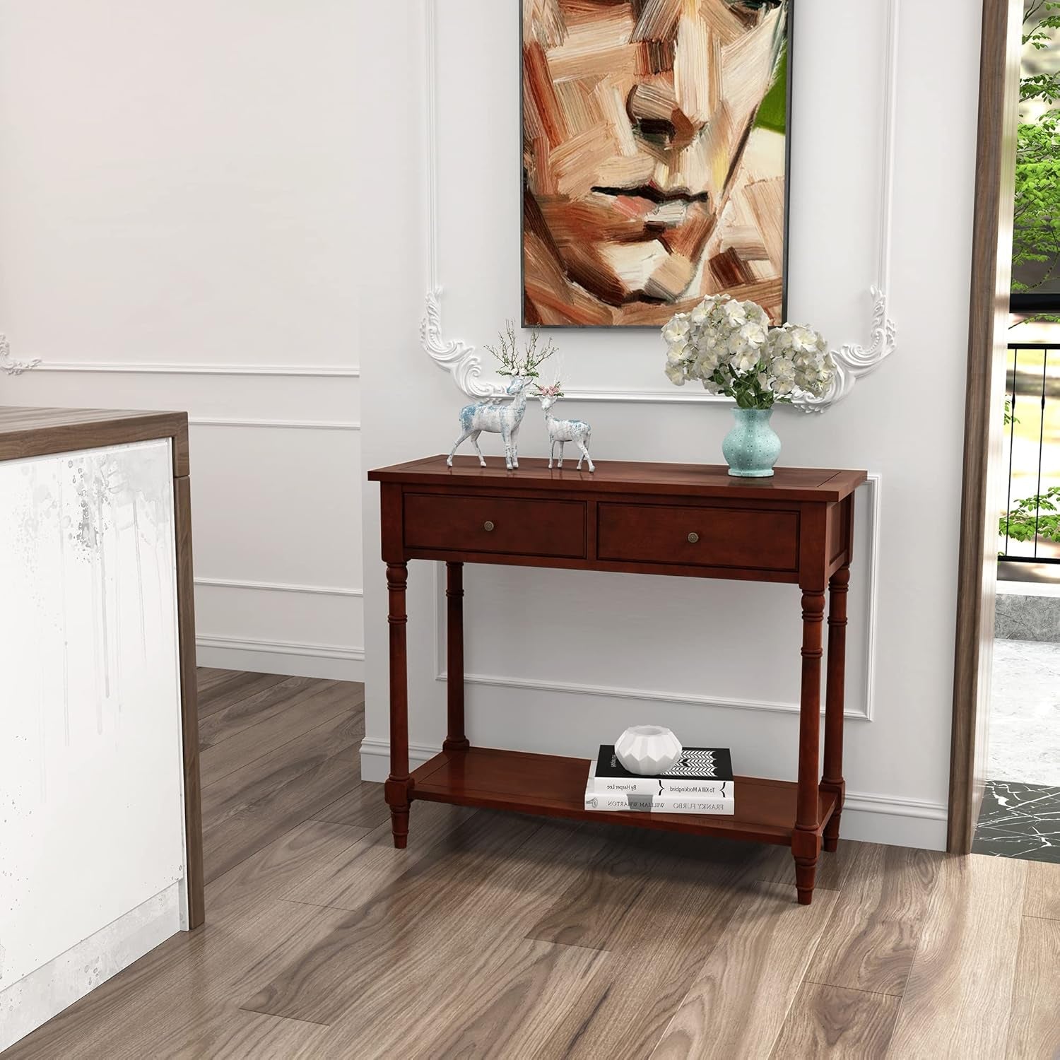 Solid Wood Console Table with 2 Drawers, 2-Tier 35.4" X 30" Accent Sofa Table with Multilayer Storage Shelf Rustic Hall Entryway Tables for Living Room Home Office-Brown