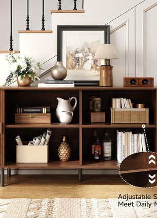 63-Inch Contemporary Sideboard Buffet Cabinet with Sliding Door and Adjustable Shelf, Elegant Storage Solution for Kitchen and Entryway in Walnut Finish
