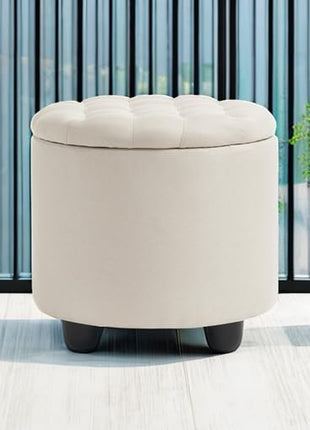 Contemporary Beige Round Storage Ottoman with Button Tufting and Detachable Lid for Living Room, Bedroom, and Makeup Space