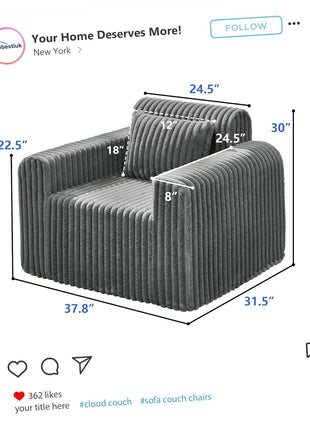 Compact Foam Sofa for Small Spaces - Comfy Removable Cover Couch with Pillows for Living Room, Bedroom, Apartment, and Office (Grey, Standard Size)