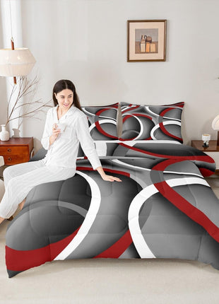 Queen Stripes Comforter Set for Kids and Teens - Gray, Black, and Red Abstract Design, Soft Lightweight Modern Duvet with 1 Comforter and 2 Pillowcases