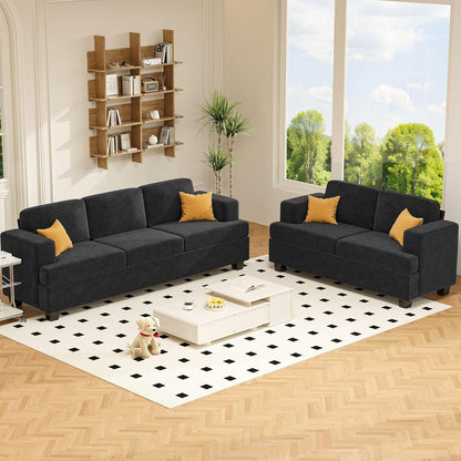 Loveseat & 3 Seater Sofa Sets, Comfy Dark Grey Couch Sofa Set for Living Room Furniture, Modern Lounge Sofa Cloud Couch for Apartment Lounge, Black Chenille