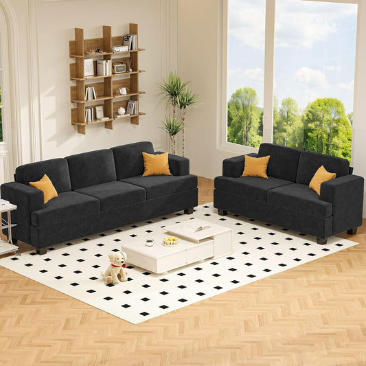 Loveseat & 3 Seater Sofa Sets, Comfy Dark Grey Couch Sofa Set for Living Room Furniture, Modern Lounge Sofa Cloud Couch for Apartment Lounge, Black Chenille