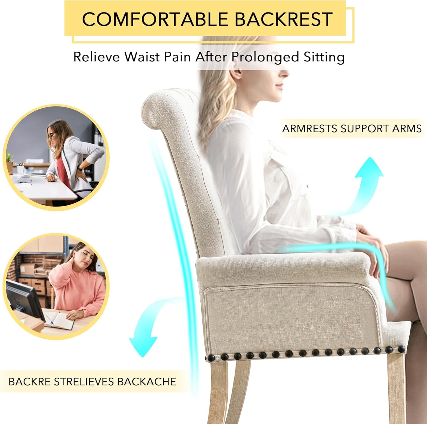 Dining Chairs with Arms, Upholstered Fabric Dining Room Chairs with Solid Wood Legs, Accent Armchair for Kitchen Dining Living Room, Beige