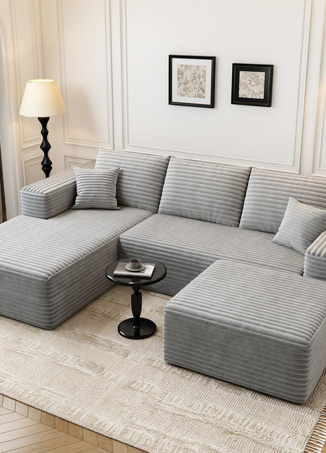 107.5" Cloud Modular Sectional Sofa with Ottoman, Contemporary Minimalist Upholstered Design, Deep Seat U-Shaped Couch for Living Room, No Assembly Required (Grey, Left-Facing Chaise)