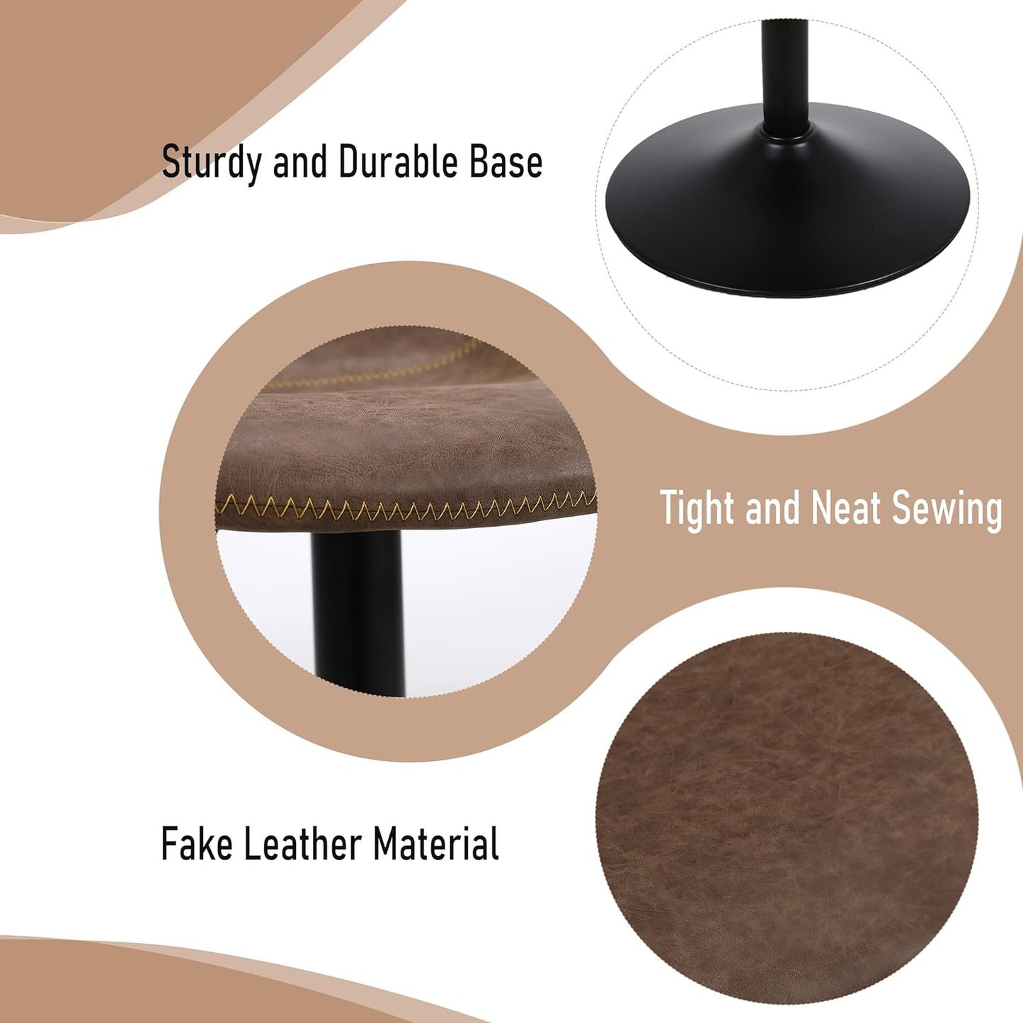 Bar Stools Set of 2, Swivel Counter Height Barstools with Back, Adjustable Modern Bar Chairs, Tall Armless PU Leather Kitchen Island Stool, Brown