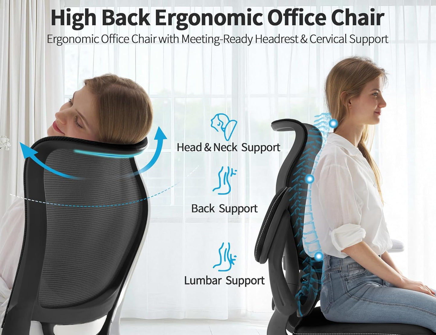 Ergonomic Office Chair - Desk Chair with Wave High Back Adjustable Lumbar Support Computer Chair - Gaming Chairs Mesh Backrest and PU Leather Seat for Home Reading Chairs to Adults(Black)