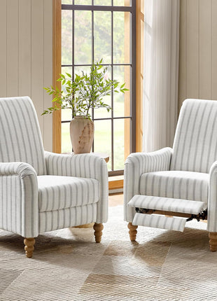 Farmhouse Recliner Armchair with Solid Wood Spindle Legs, Adjustable Backrest and Footrest, Comfortable High Back Single Sofa for Living Room, Blue Striped Design