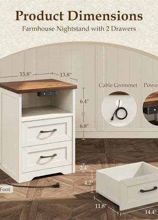 3-Piece Bedroom Set: 47" Wide 6-Drawer Dresser and 2 Farmhouse Nightstands with Charging Station and RGB LED Lights - Engineered Wood, Anti-Tip Design, Rustic White and Dark Walnut Finish