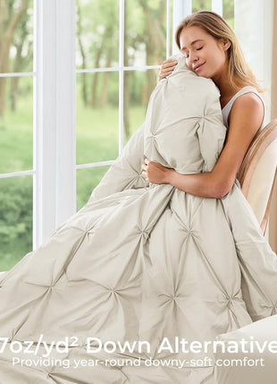 7-Piece Queen Comforter Set, All-Season Pintuck Bedding Ensemble in Beige, Includes Comforter, Flat Sheet, Fitted Sheet, Pillowcases, and Pillow Shams