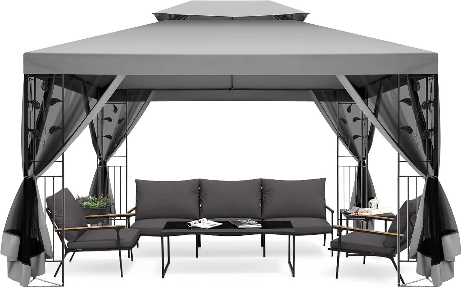 Gazebo 10X13 Heavy Duty Gazebos with Improved Nettings Outdoor Gazebo Double Roof Patio Gazebos with Metal Steel Frame Outdoor Canopy for Patio, Deck, Backyard (Gray)