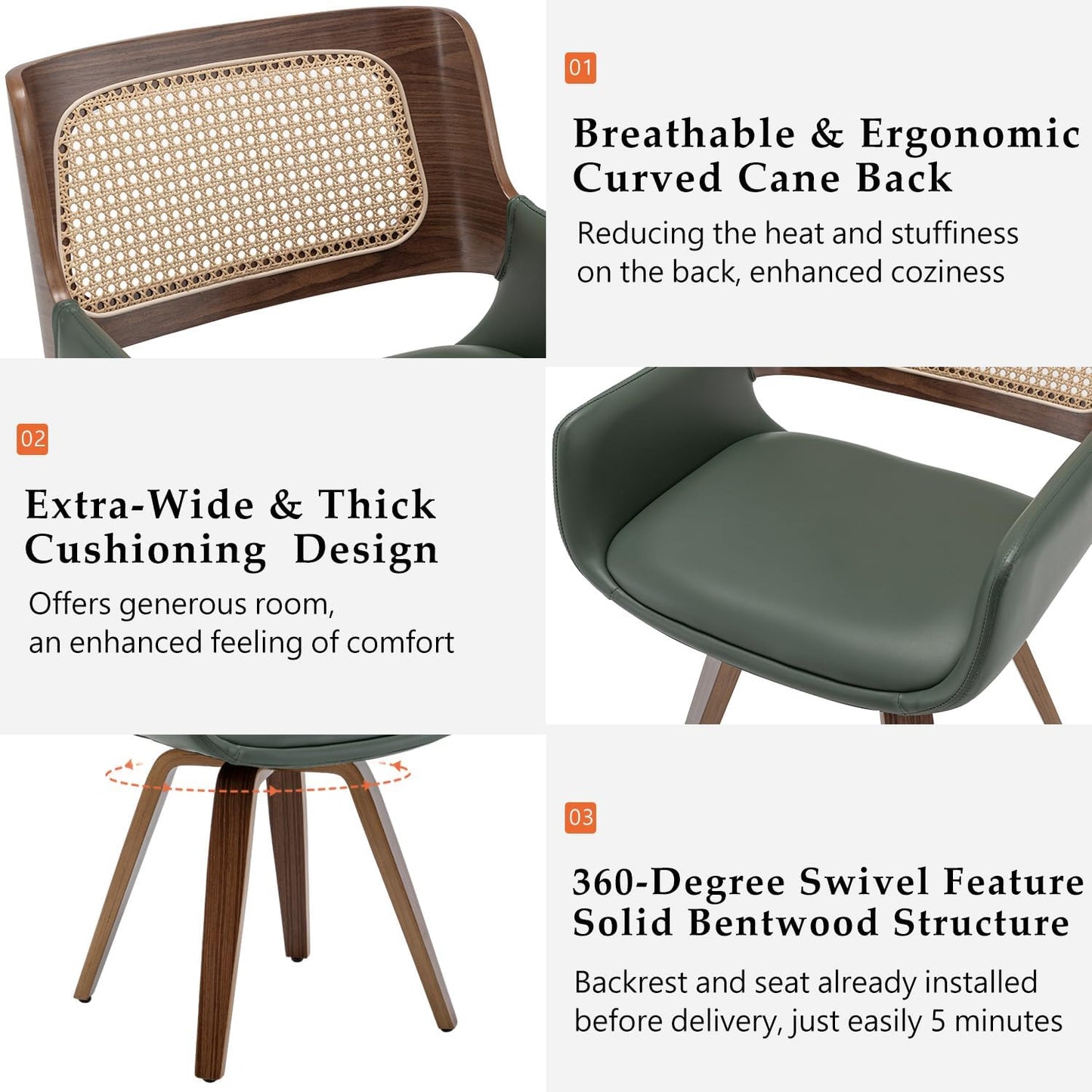 Set of 4 Dining Room Chairs with Arms - Swivel Cane Dining Chairs with Ergonomic Rattan Back, Walnut Bentwood Frame, Curved Arms, Versatile for Restaurant/Living Room/Kitchen (Walnut Green)